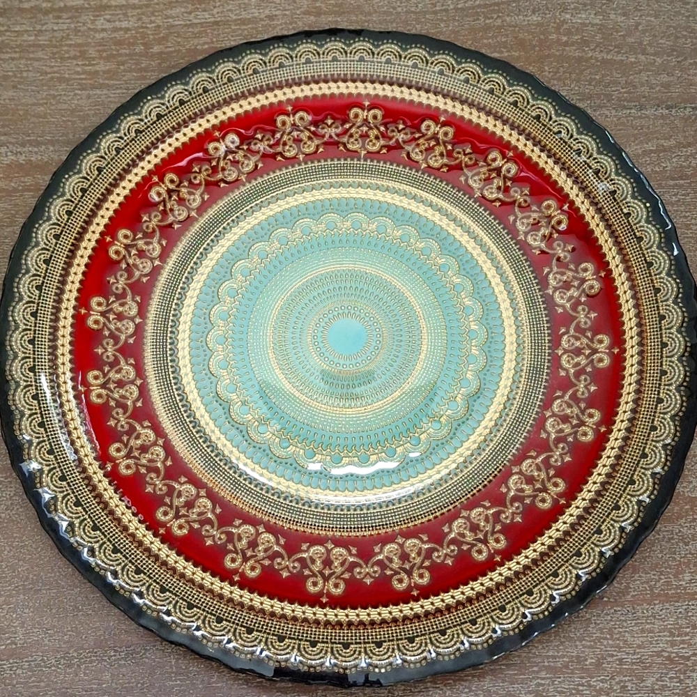 Turkish Glass Elegant ~Gold, Red, Green Lace Serving Platter 13” 🆕🆕